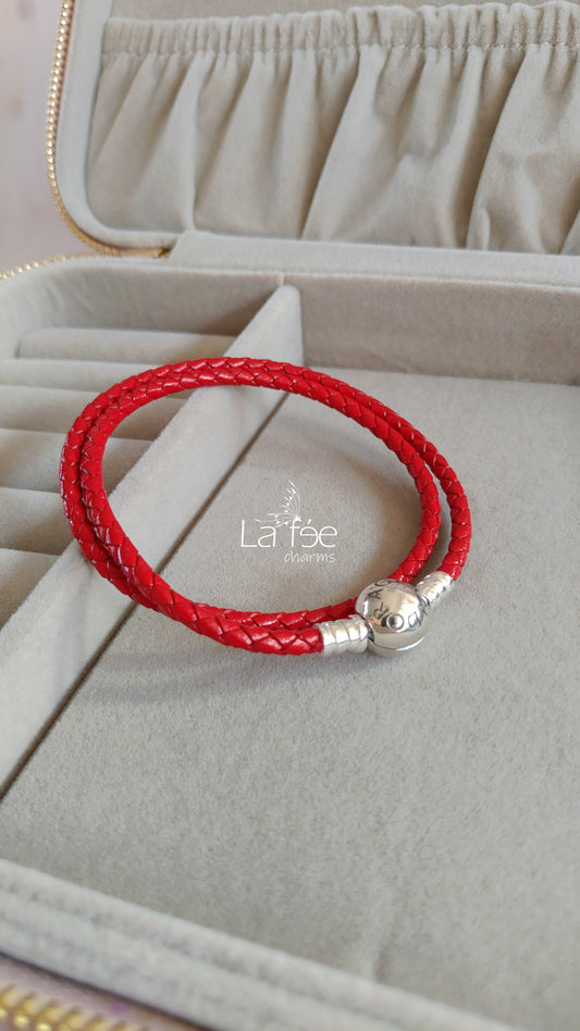 Pulsera Roja de Cuero Doble con Broche Esférico