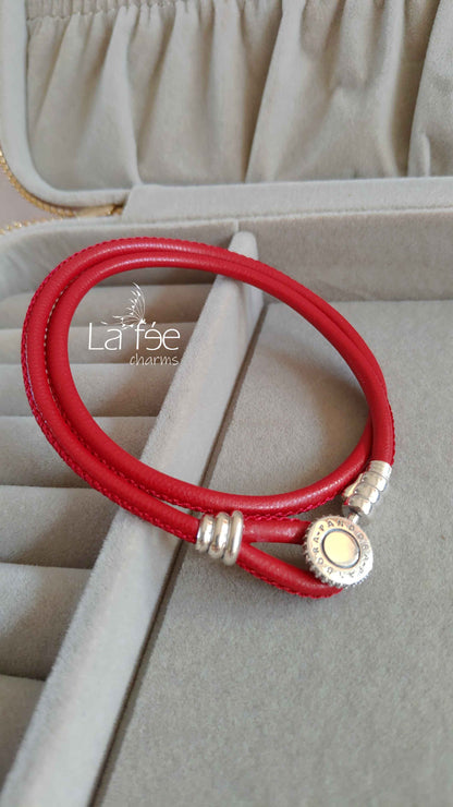 Pulsera Roja de Cuero (S) Doble con Broche Circular