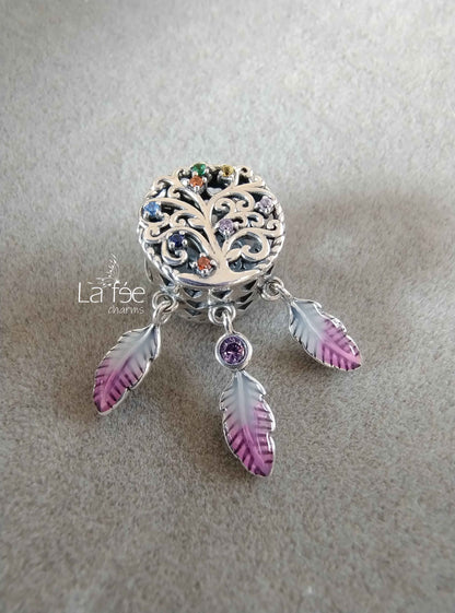 Charm Colgante Árbol de la Vida con Plumas Rosas